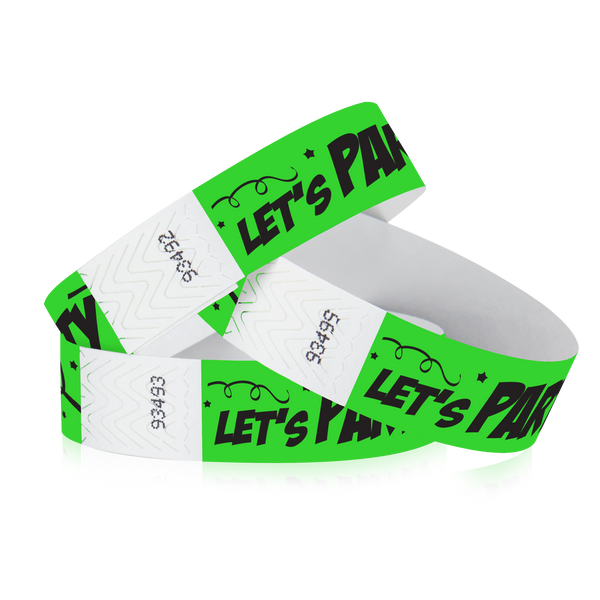 Three neon green 3/4" Let's Party Tyvek® Wristbands