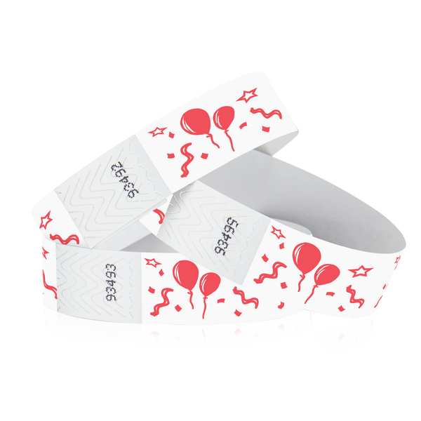 3/4" Red Balloons Tyvek® Wristband white wristbands with red colored balloons and stars with party streamers